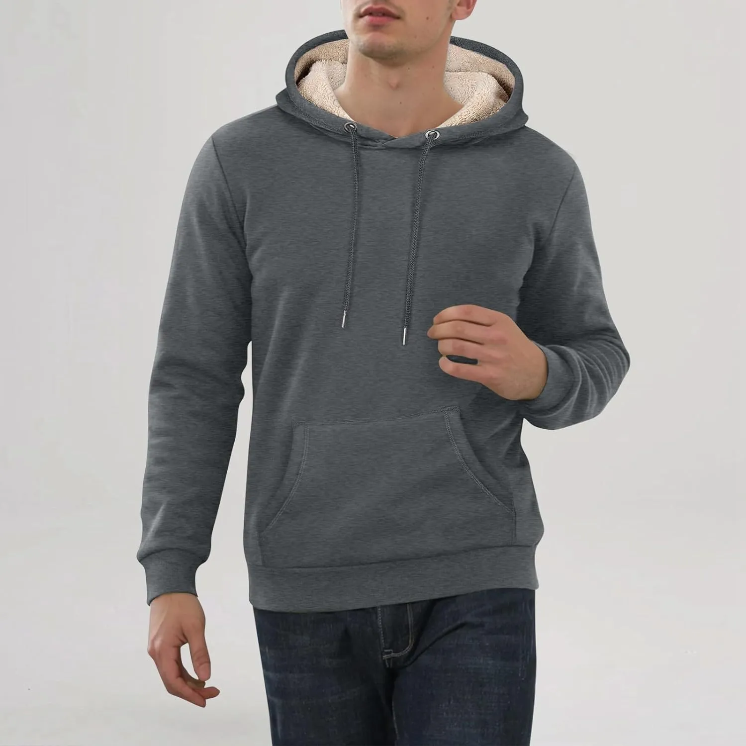 ADHOWBEW Mens Fleece Hoodie Sherpa Lined Drawstring Heavy Weight Cotton Cold Weather Warm Thick Sweatshirts Pullover