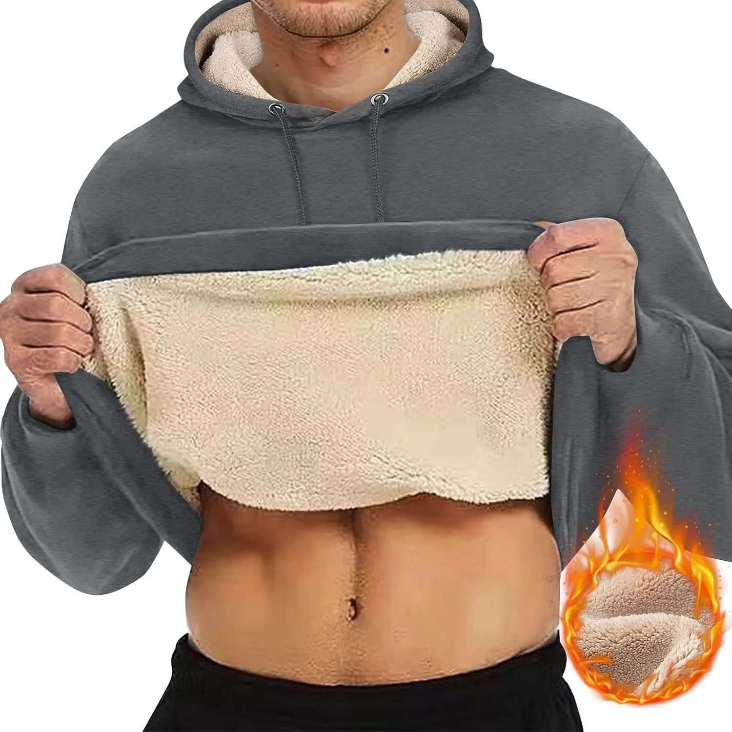 ADHOWBEW Mens Fleece Hoodie Sherpa Lined Drawstring Heavy Weight Cotton Cold Weather Warm Thick Sweatshirts Pullover