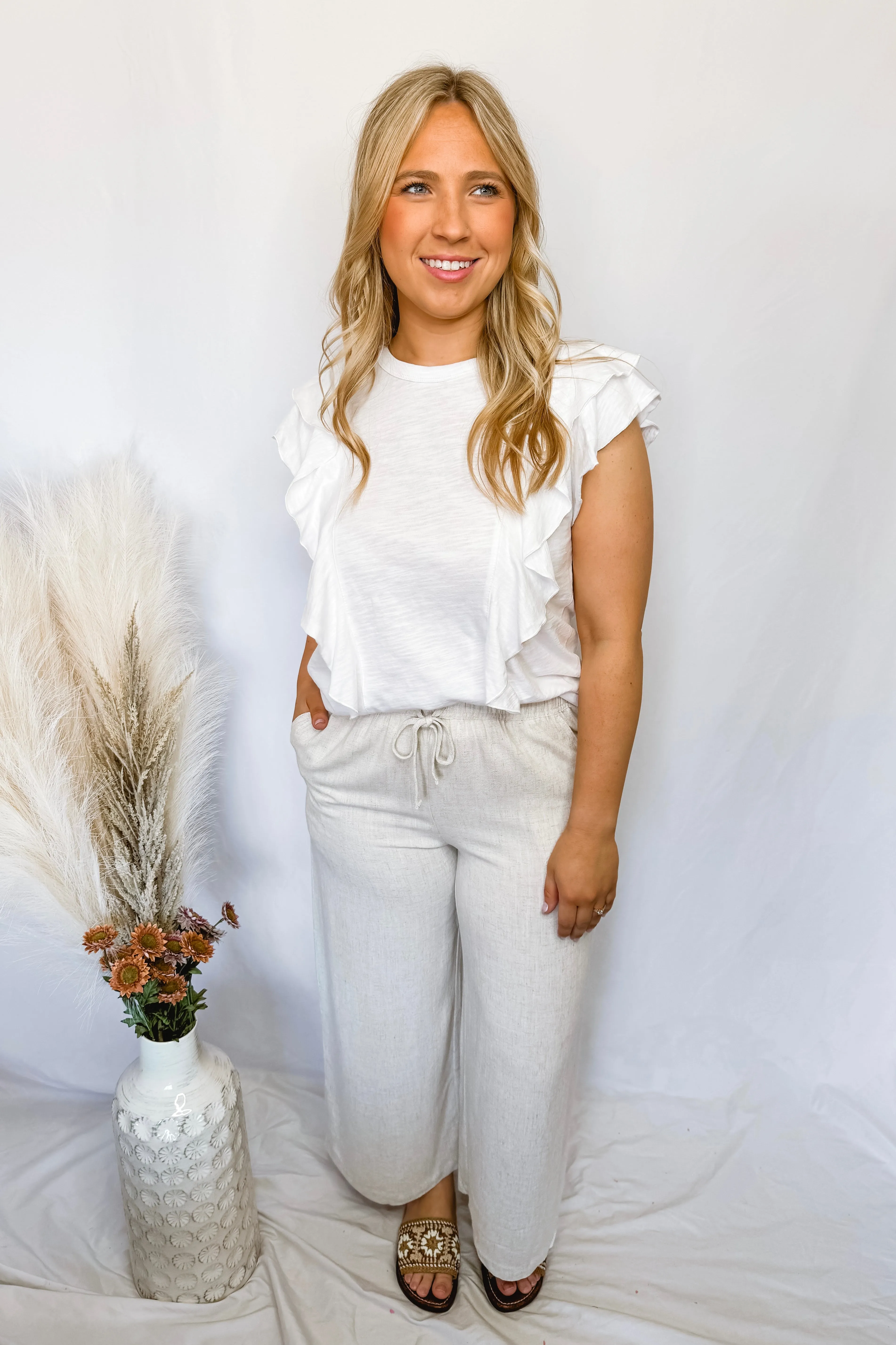 Audrey Wide Leg Linen Blend Knit Pants - Natural