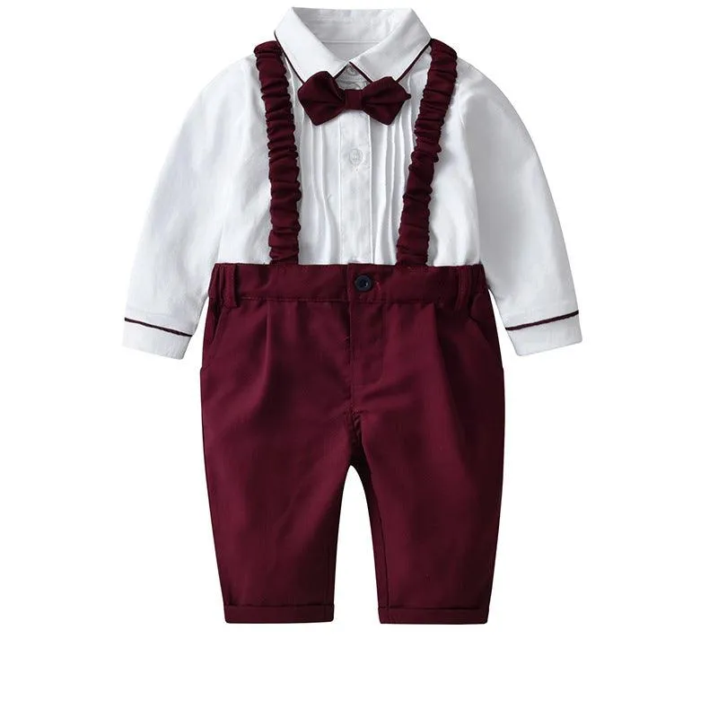 Baby Boy Sets Wholesale White Shirt And Red Suspender Pants