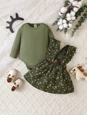 Baby Girl Casual Solid Color Long-Sleeved Bodysuit And Floral Suspender Skirt Suit Autumn And Winter-FD