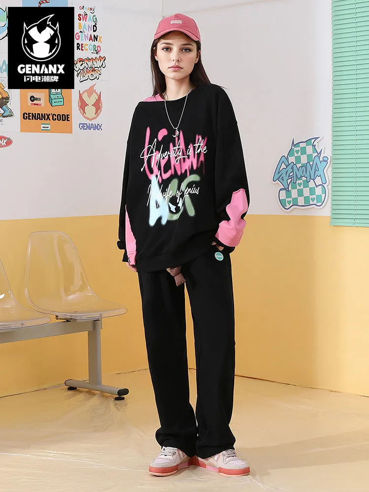 Black and pink color irregular patchwork letter printing fake two heavy hoodie