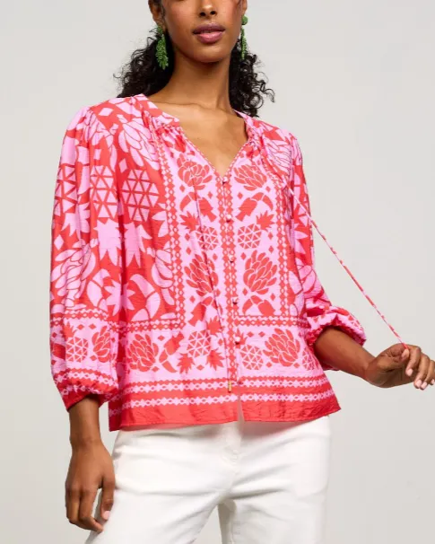 Border Print Button Front Top - Coral Pink - FINAL SALE