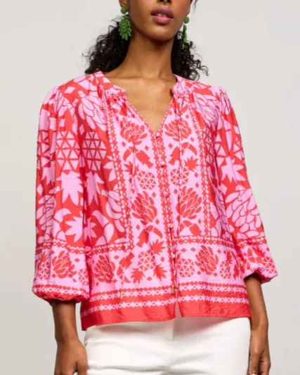 Border Print Button Front Top - Coral Pink - FINAL SALE