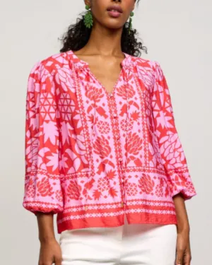Border Print Button Front Top - Coral Pink - FINAL SALE