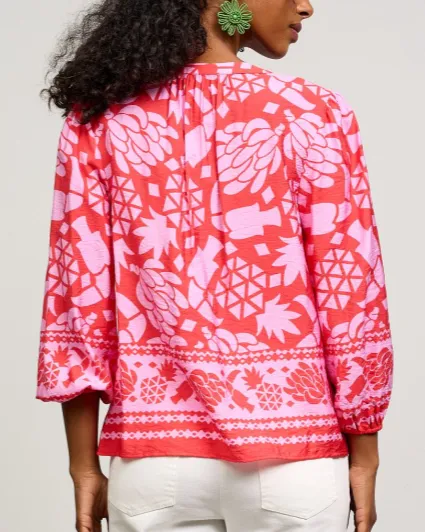 Border Print Button Front Top - Coral Pink - FINAL SALE