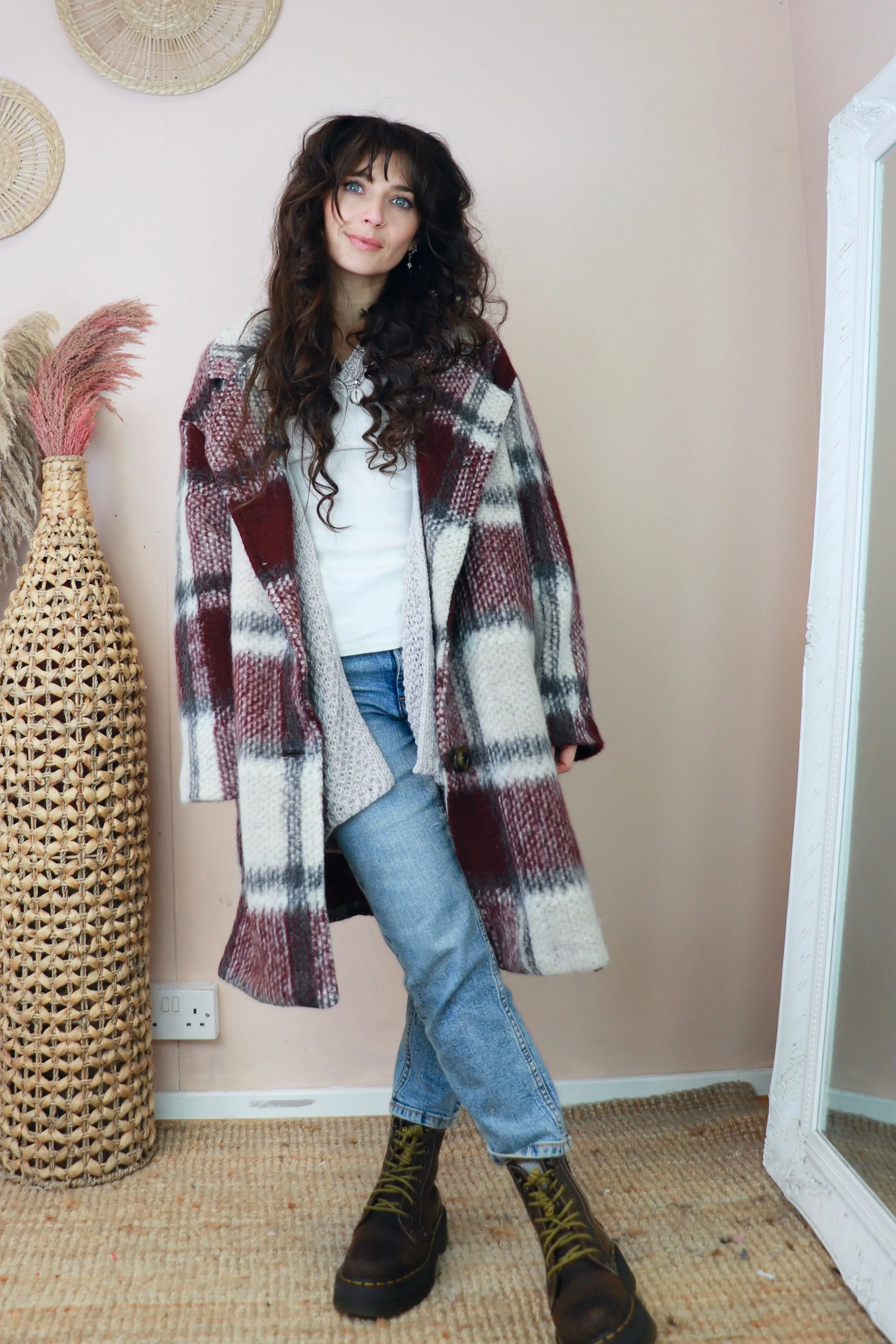 Burgundy check coat
