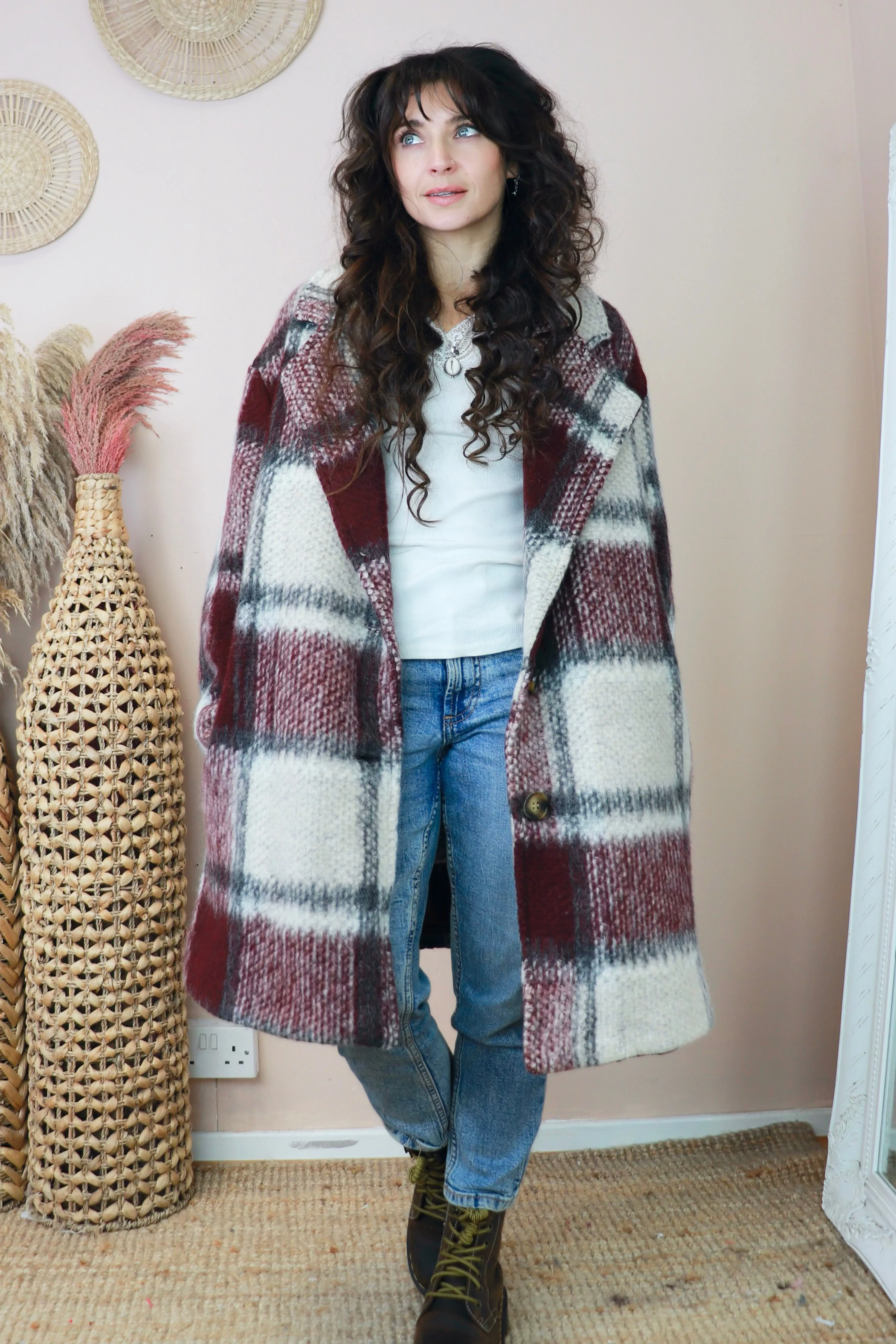 Burgundy check coat