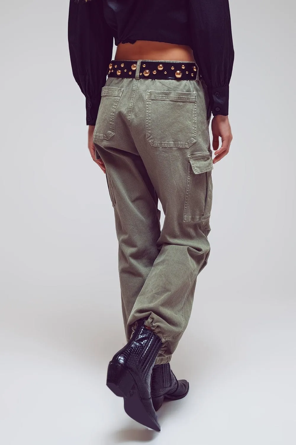 Cargo Pants With Tassel Ends In Military Green