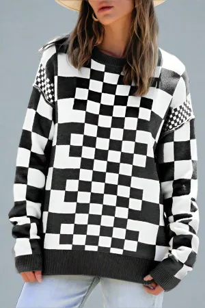 Checkered Drop Shoulder Round Neck Sweater
