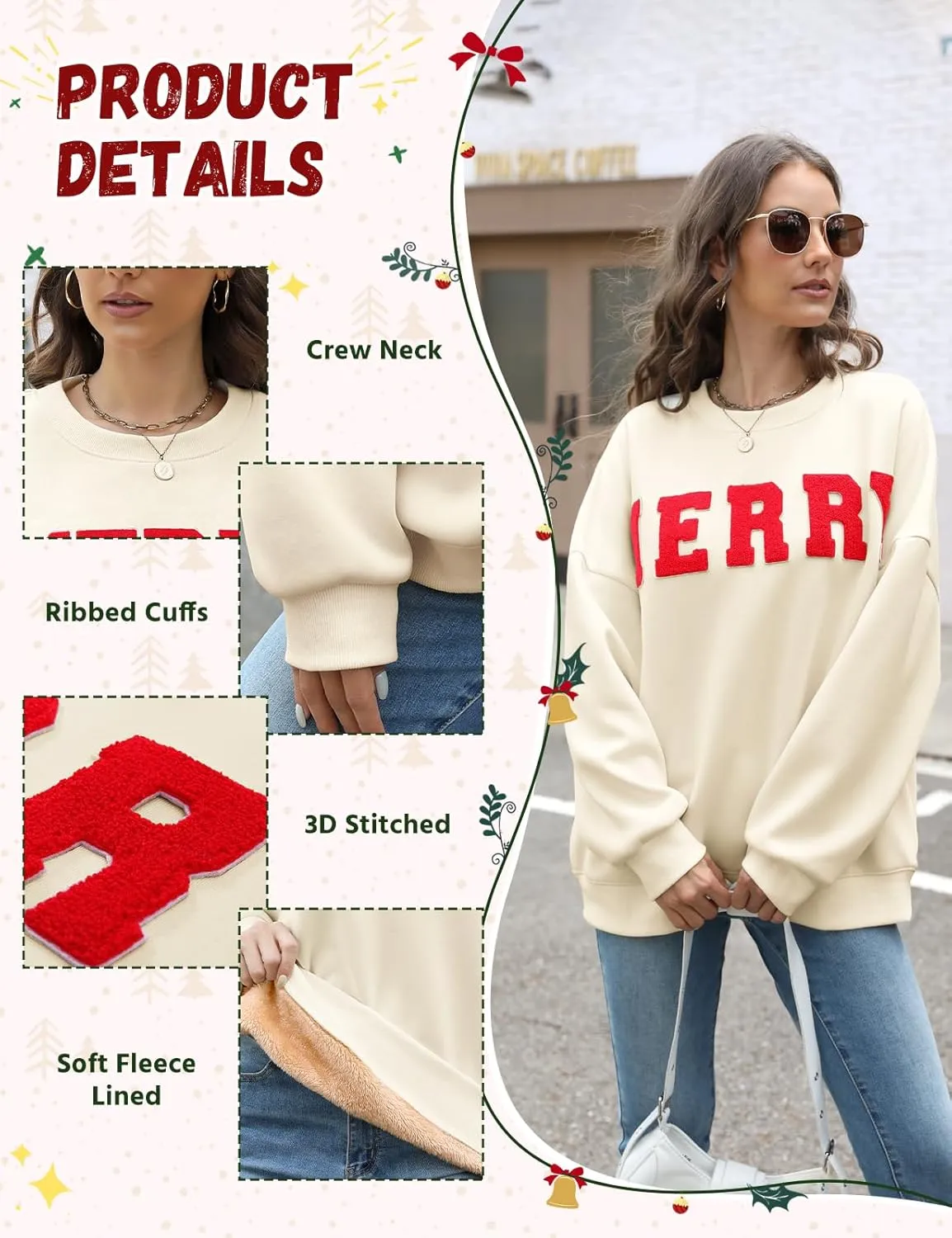Christmas Sweatshirts Hoodies Merry Sweaters Tops Fleece Pullover Hoodie Crewneck Oversized Sherpa Lined Hoodie