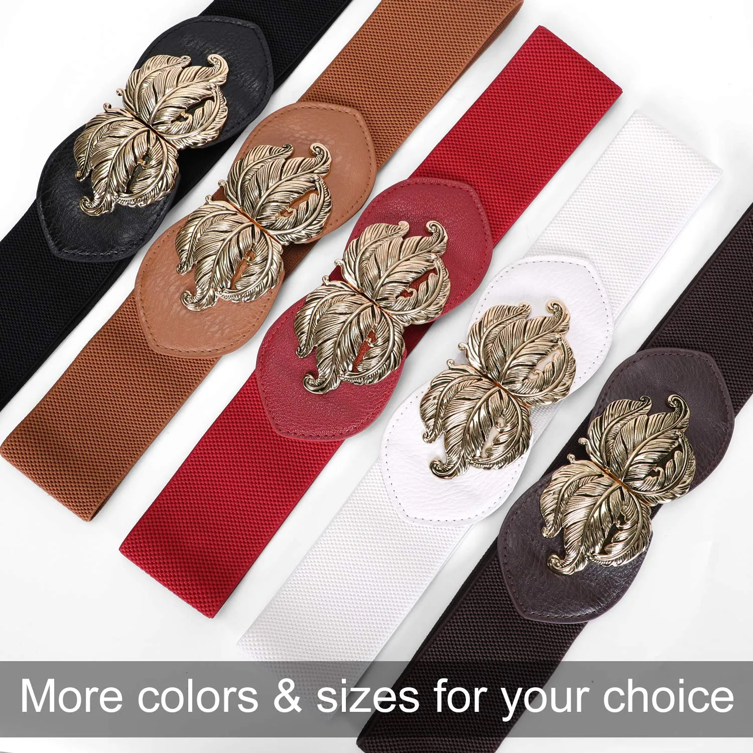 Cinch Gold Leaf Buckle Belt Wide Elastic Waist Belt Retro Stretch Dress Waistband For Women Ladies By JASGOOD