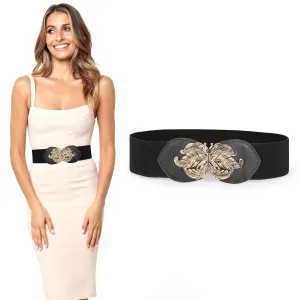 Cinch Gold Leaf Buckle Belt Wide Elastic Waist Belt Retro Stretch Dress Waistband For Women Ladies By JASGOOD