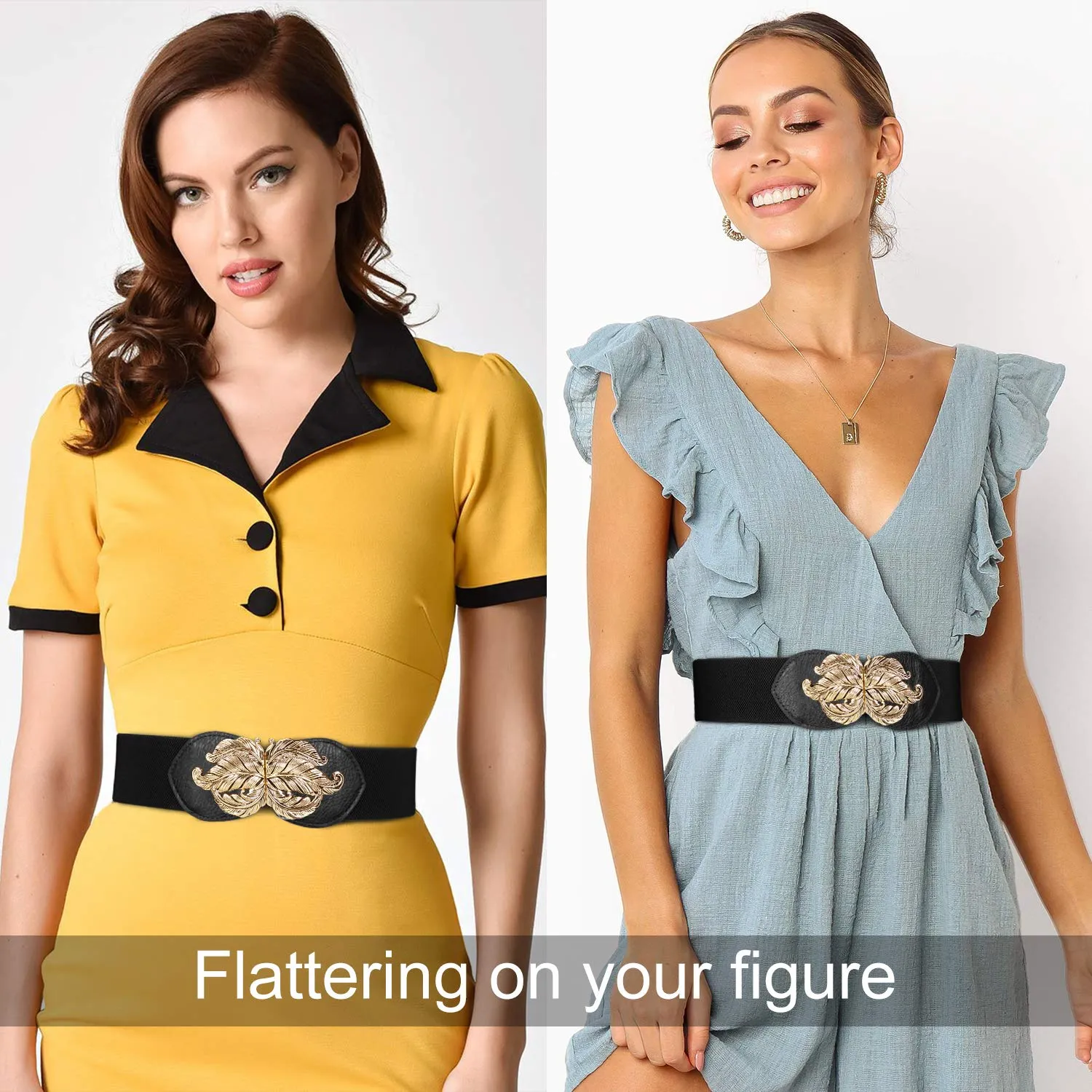 Cinch Gold Leaf Buckle Belt Wide Elastic Waist Belt Retro Stretch Dress Waistband For Women Ladies By JASGOOD