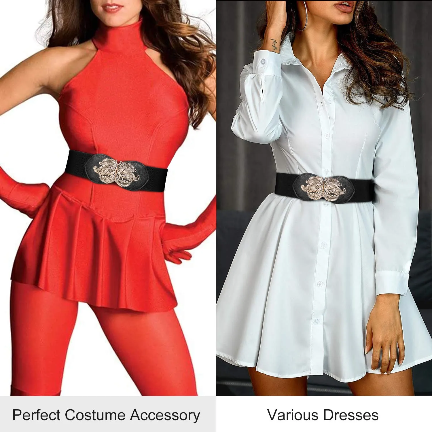 Cinch Gold Leaf Buckle Belt Wide Elastic Waist Belt Retro Stretch Dress Waistband For Women Ladies By JASGOOD