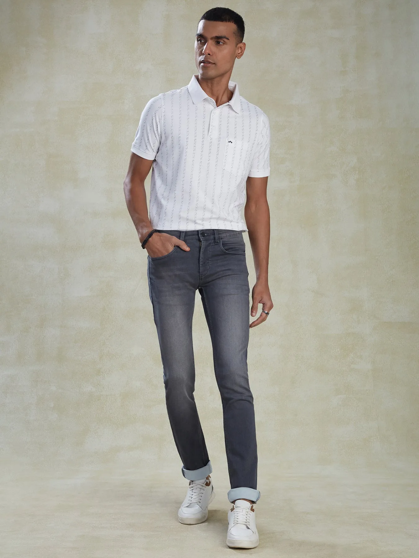 Cotton Stretch Grey Narrow Fit Flat Front Casual Mens Plain Jeans