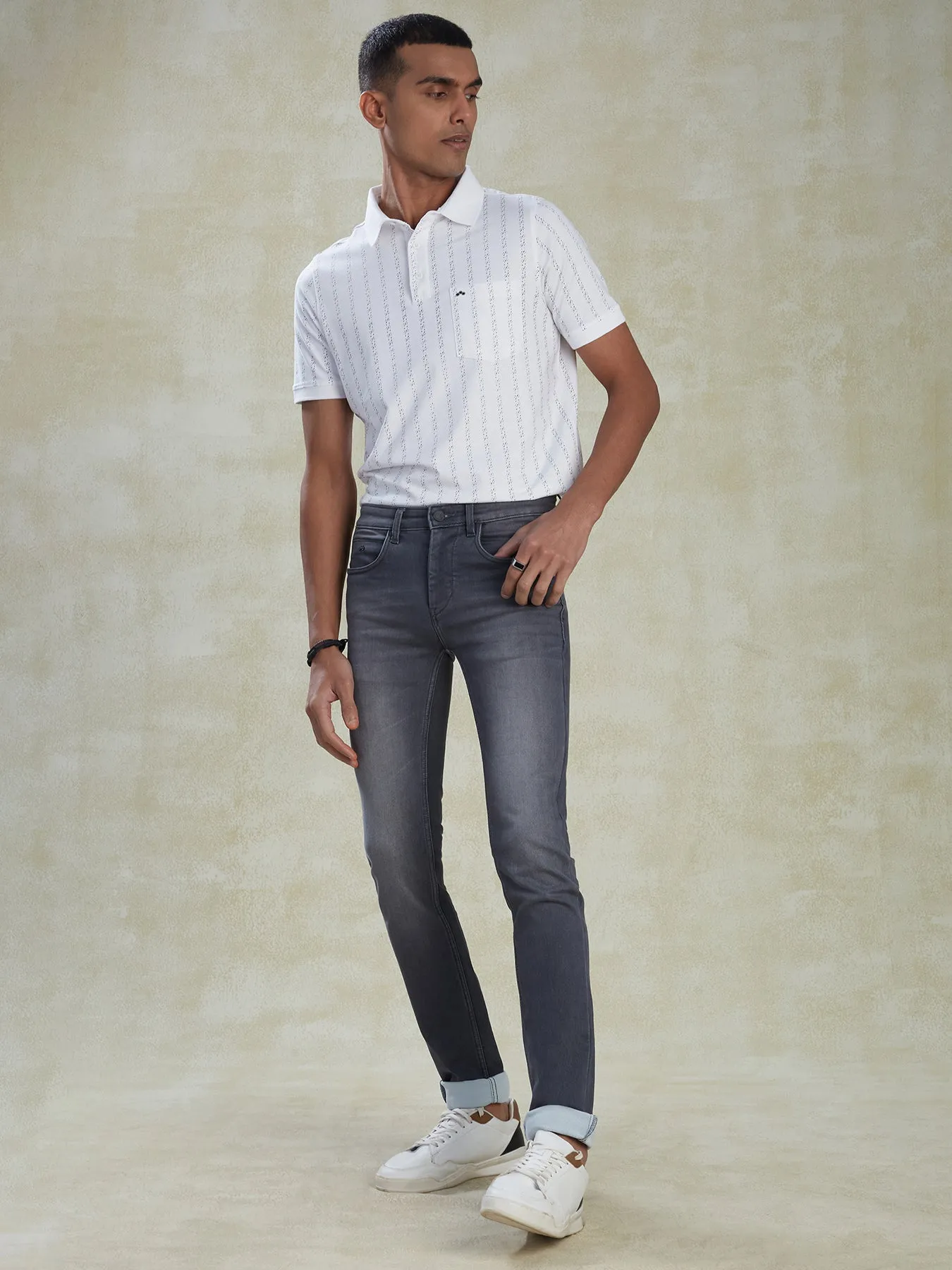 Cotton Stretch Grey Narrow Fit Flat Front Casual Mens Plain Jeans