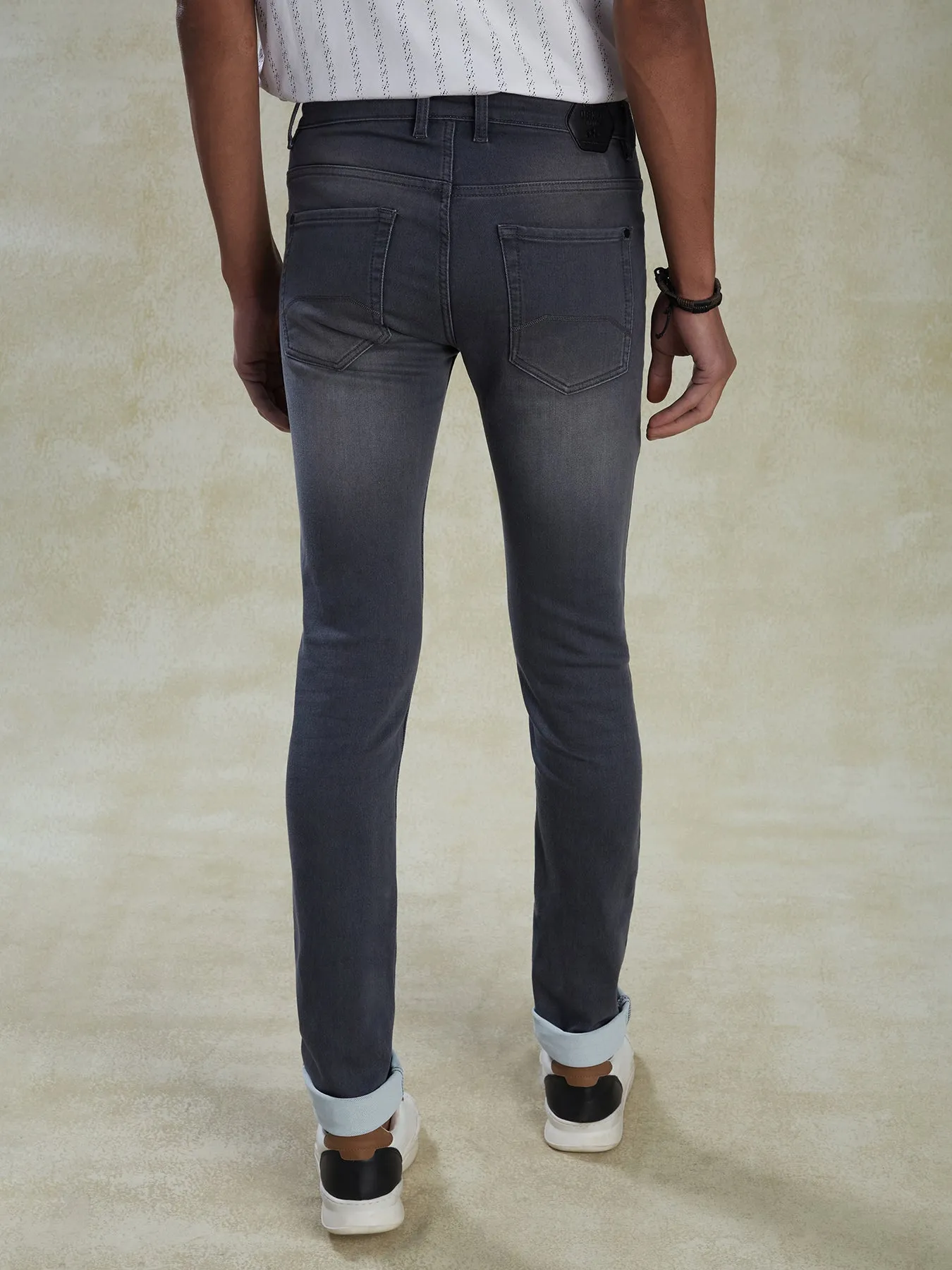Cotton Stretch Grey Narrow Fit Flat Front Casual Mens Plain Jeans