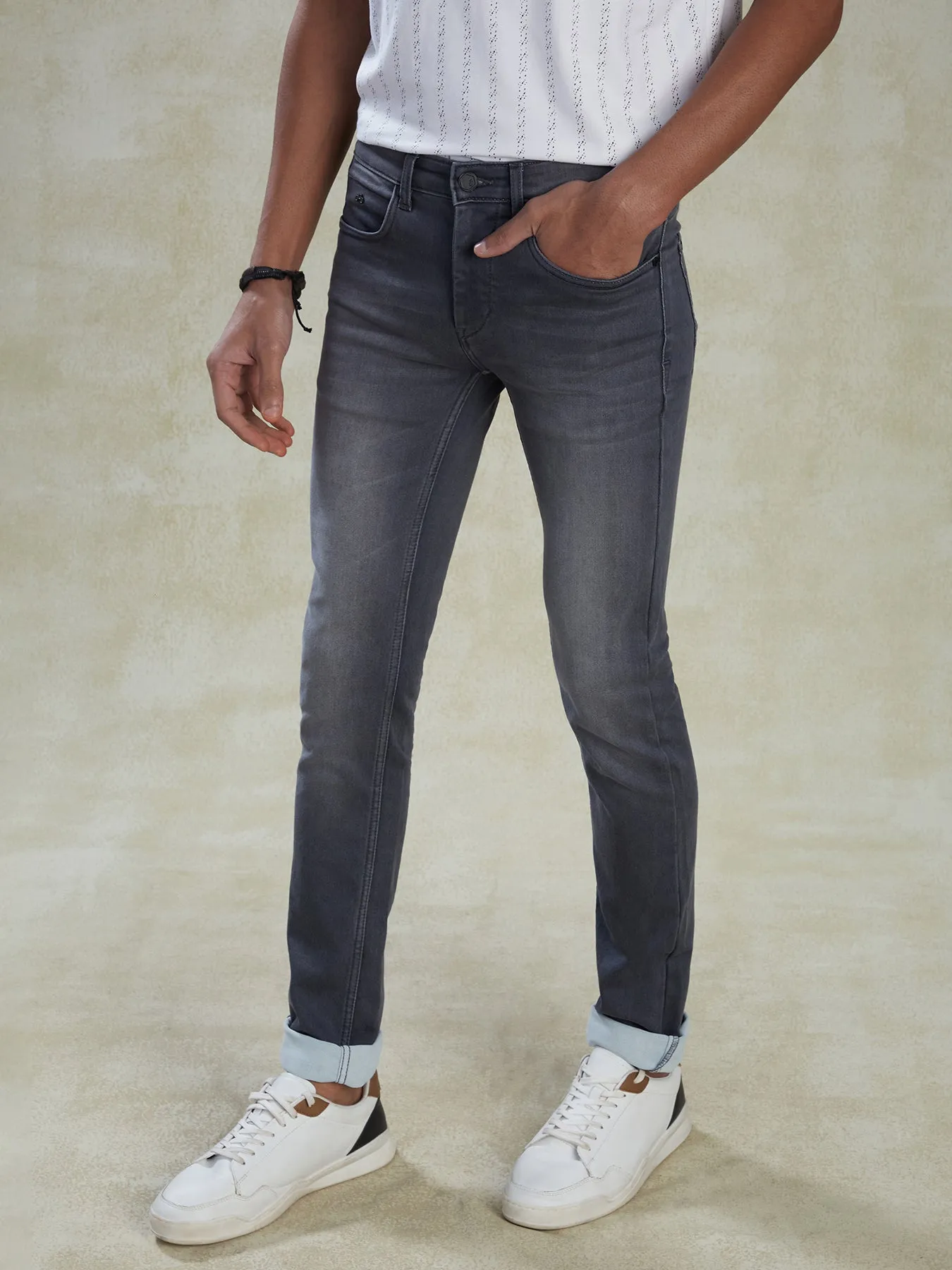 Cotton Stretch Grey Narrow Fit Flat Front Casual Mens Plain Jeans
