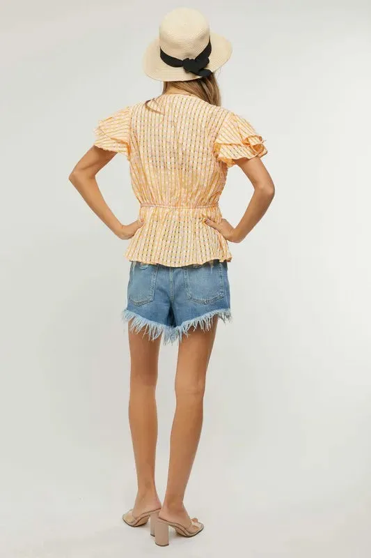 Davi & Dani Shirring V-Neck Ruffle Gingham Plaid Printed Top