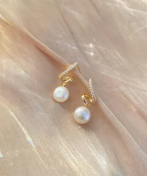 Elegant Gold Sterling Silver Overgild Zircon Pearl Hoop Earrings ET034