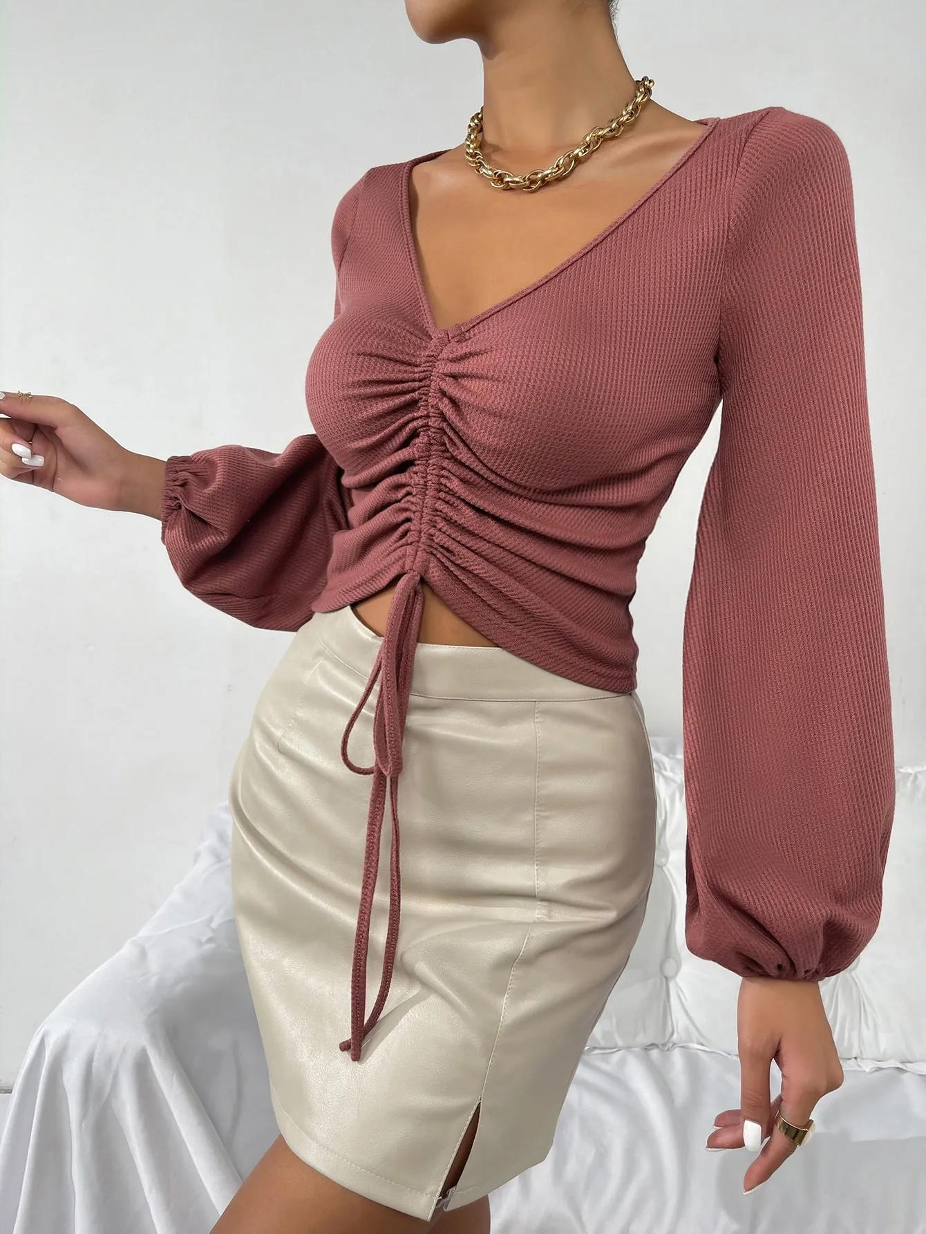 Elegant Plain Ruched Long Sleeve V Neck Crop Women T-Shirt