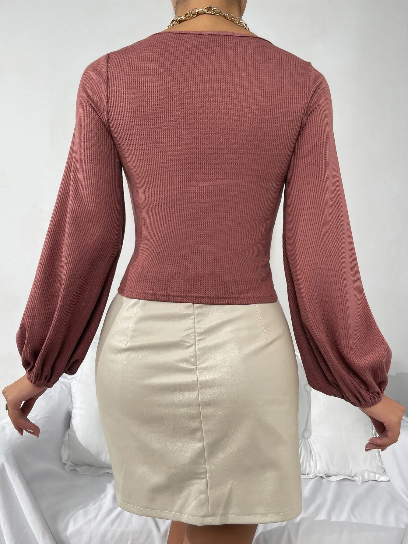 Elegant Plain Ruched Long Sleeve V Neck Crop Women T-Shirt
