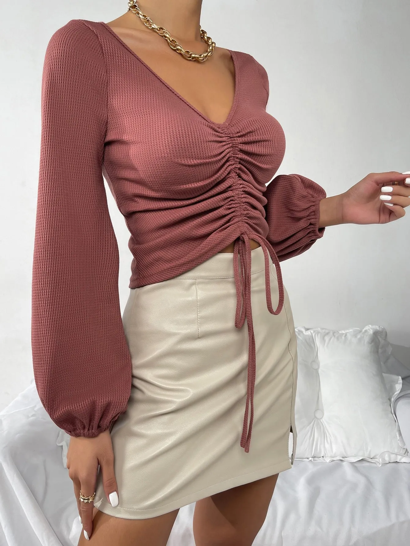 Elegant Plain Ruched Long Sleeve V Neck Crop Women T-Shirt