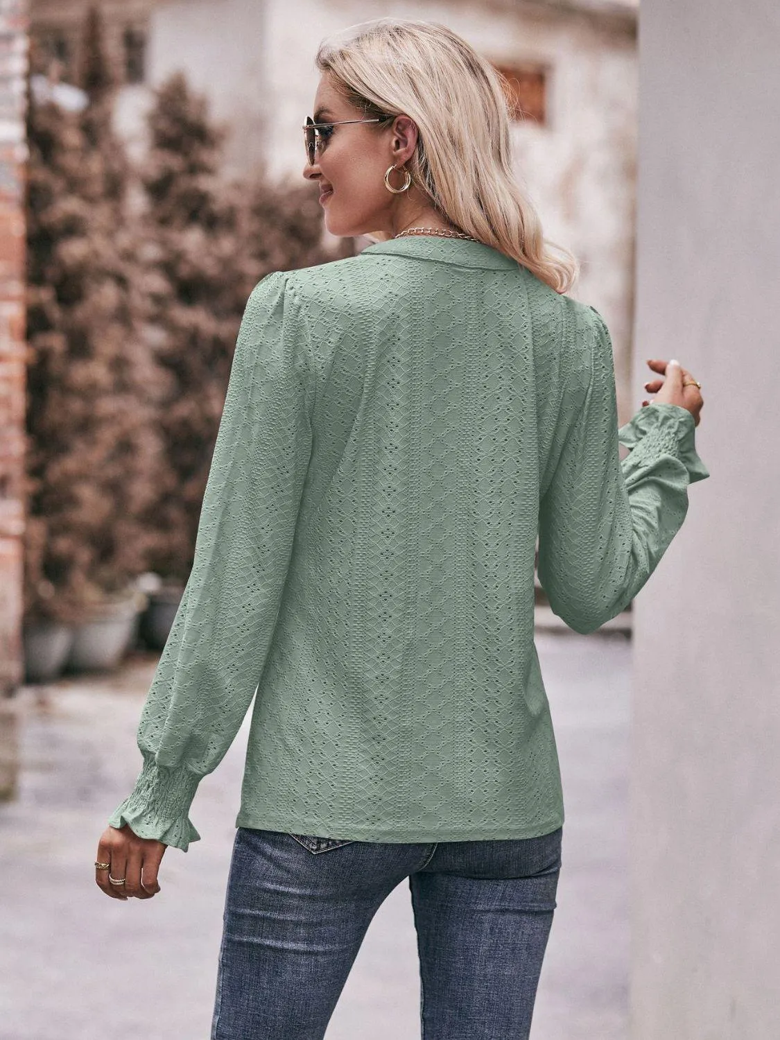 Fabulous Eyelet Notched Neck Long Sleeve Blouse