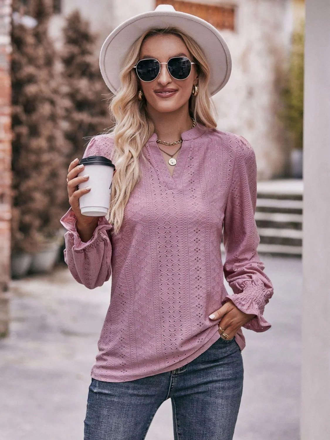 Fabulous Eyelet Notched Neck Long Sleeve Blouse