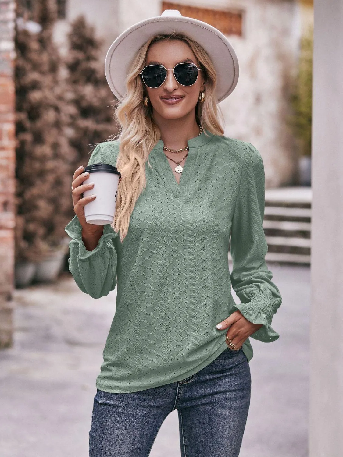Fabulous Eyelet Notched Neck Long Sleeve Blouse