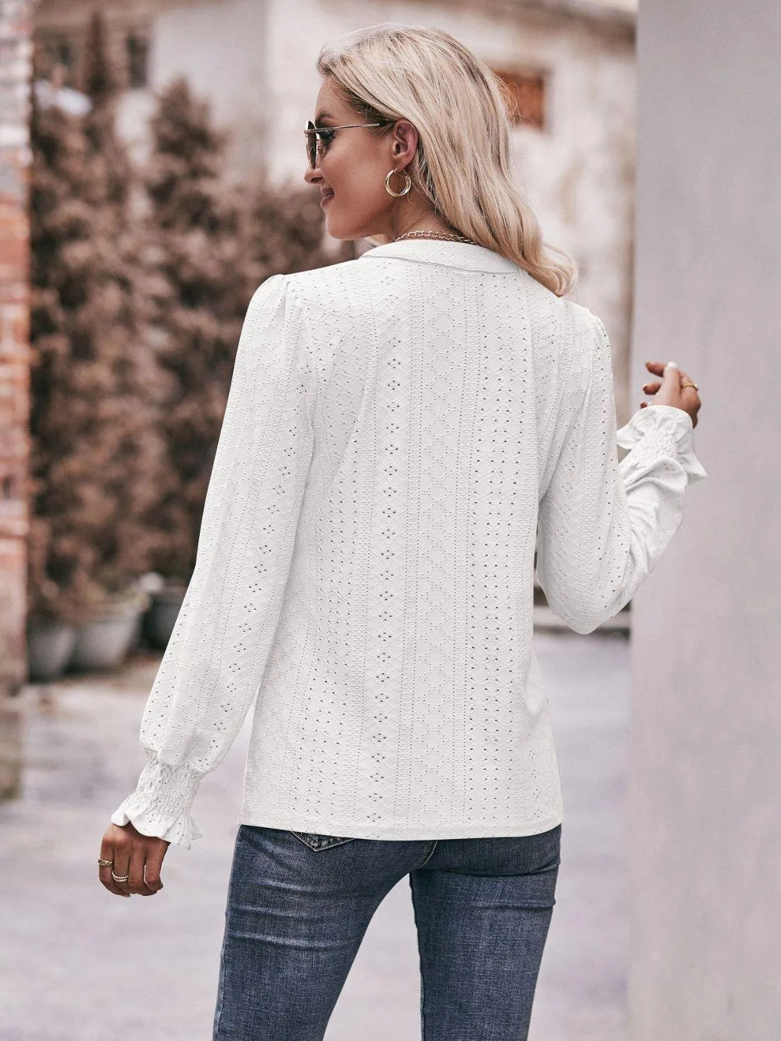 Fabulous Eyelet Notched Neck Long Sleeve Blouse