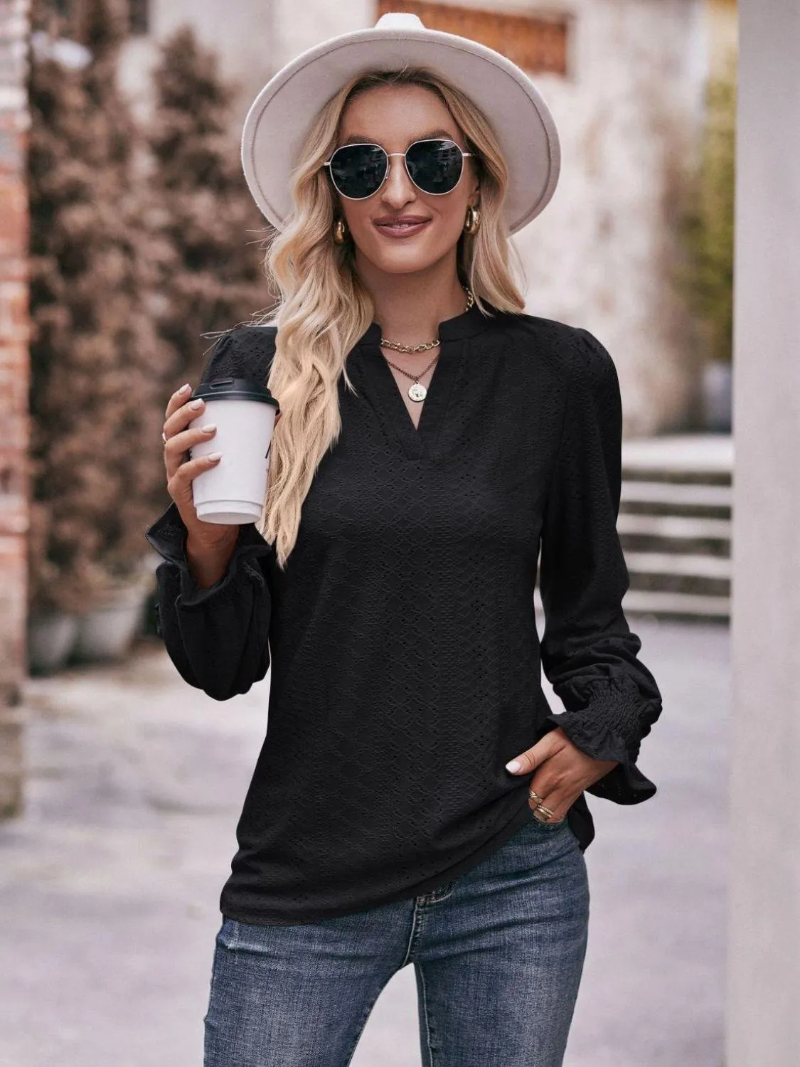 Fabulous Eyelet Notched Neck Long Sleeve Blouse