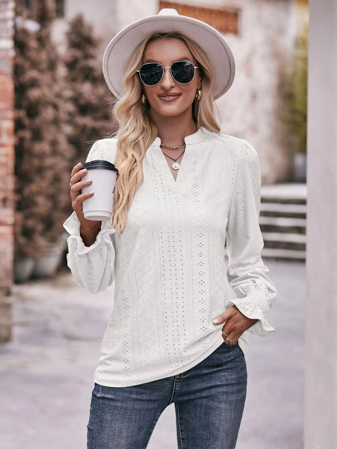 Fabulous Eyelet Notched Neck Long Sleeve Blouse