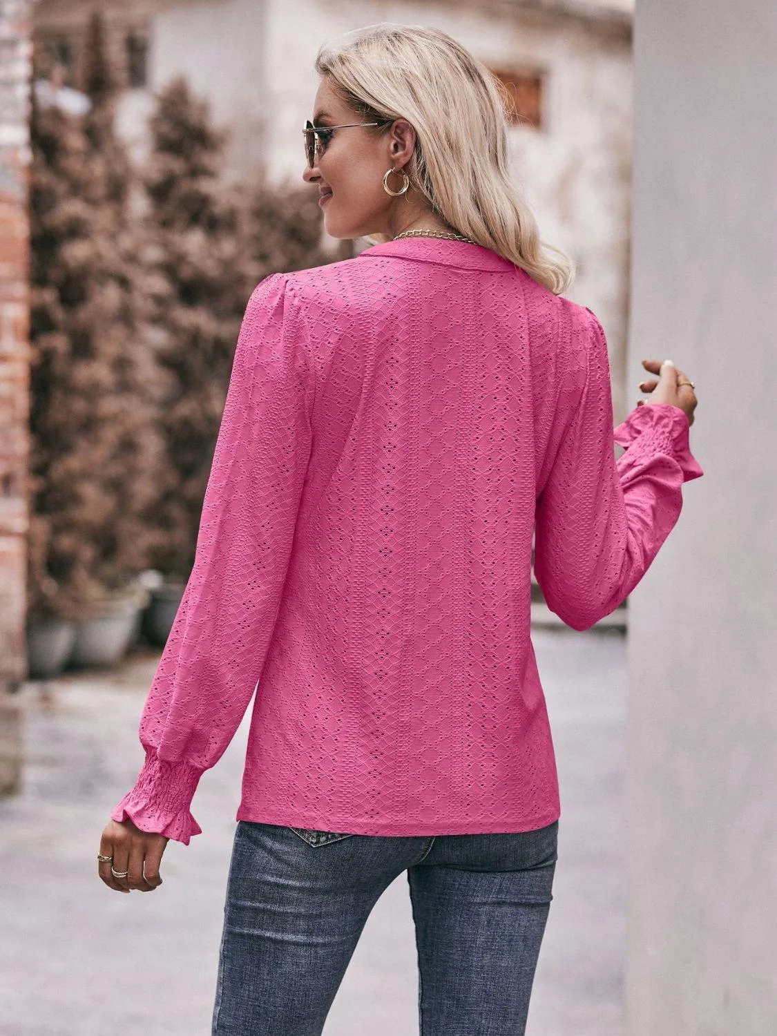 Fabulous Eyelet Notched Neck Long Sleeve Blouse