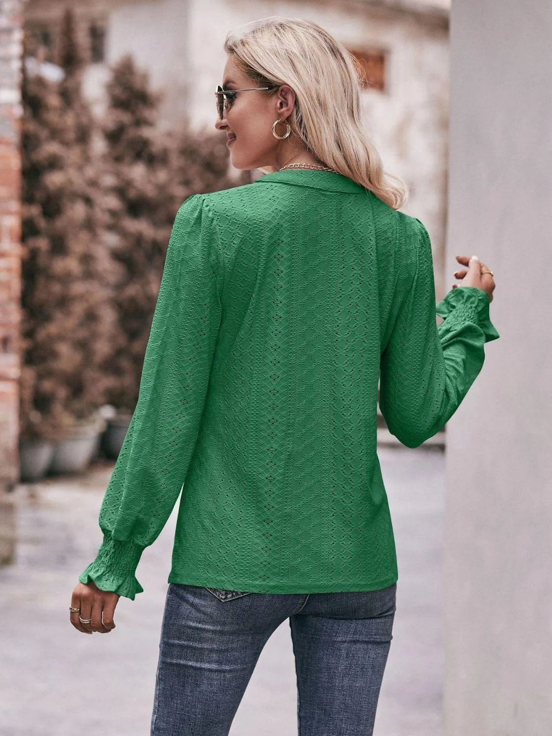 Fabulous Eyelet Notched Neck Long Sleeve Blouse