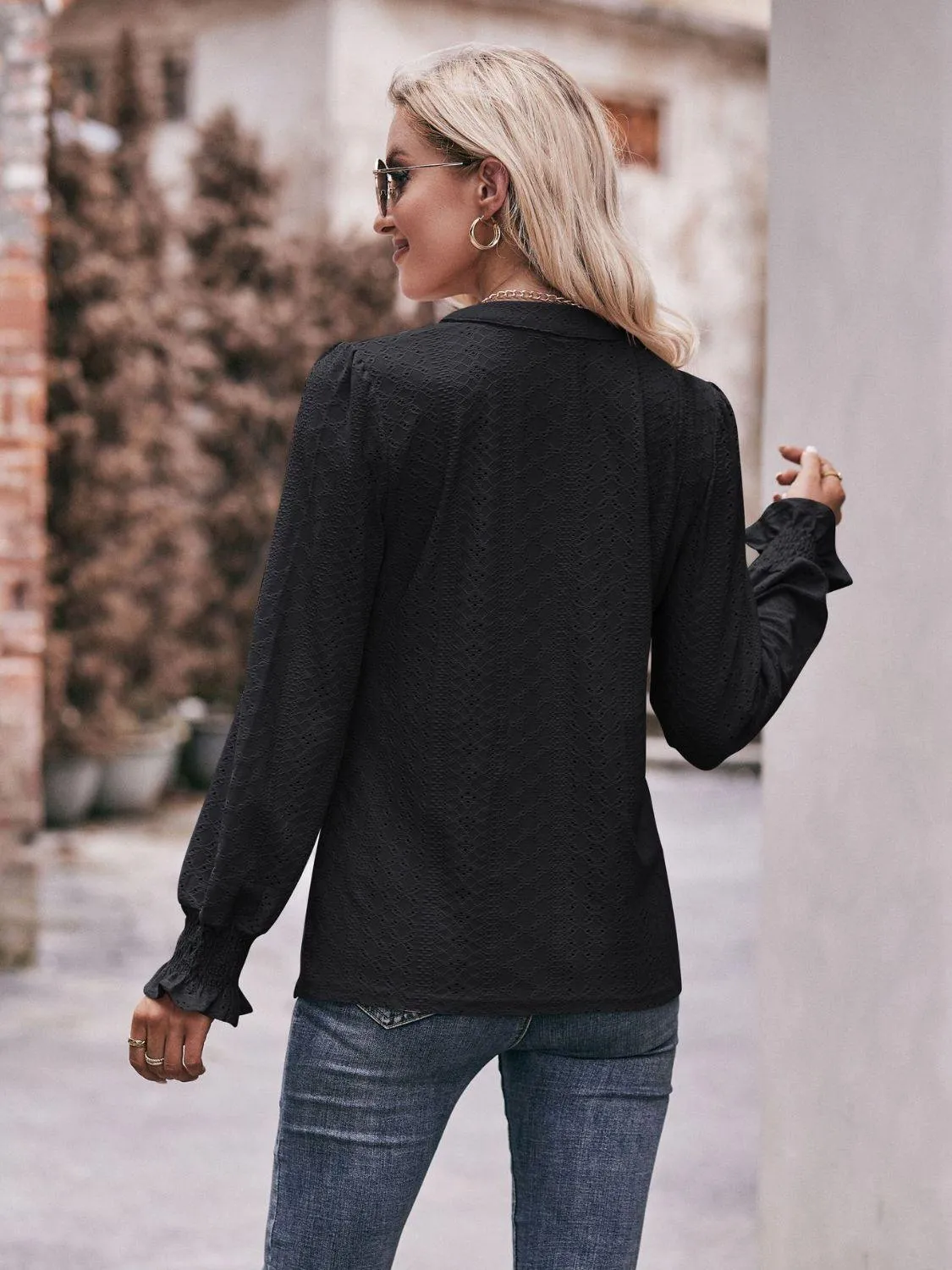 Fabulous Eyelet Notched Neck Long Sleeve Blouse