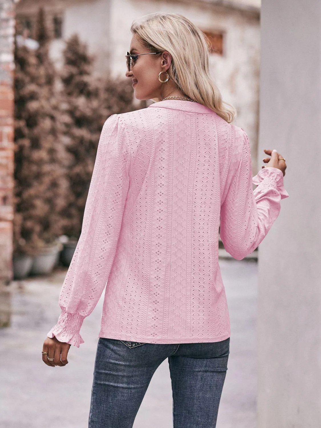 Fabulous Eyelet Notched Neck Long Sleeve Blouse