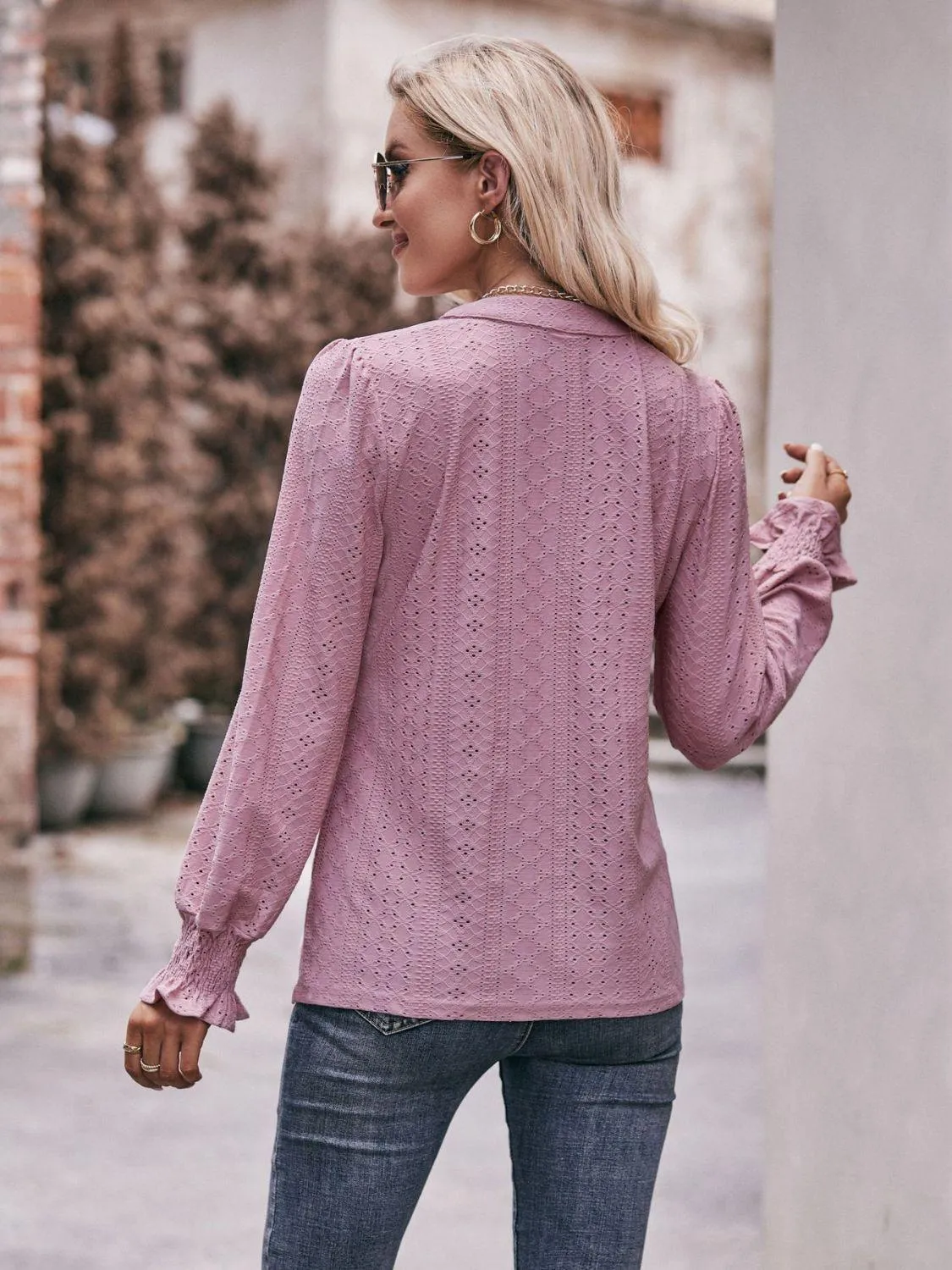 Fabulous Eyelet Notched Neck Long Sleeve Blouse
