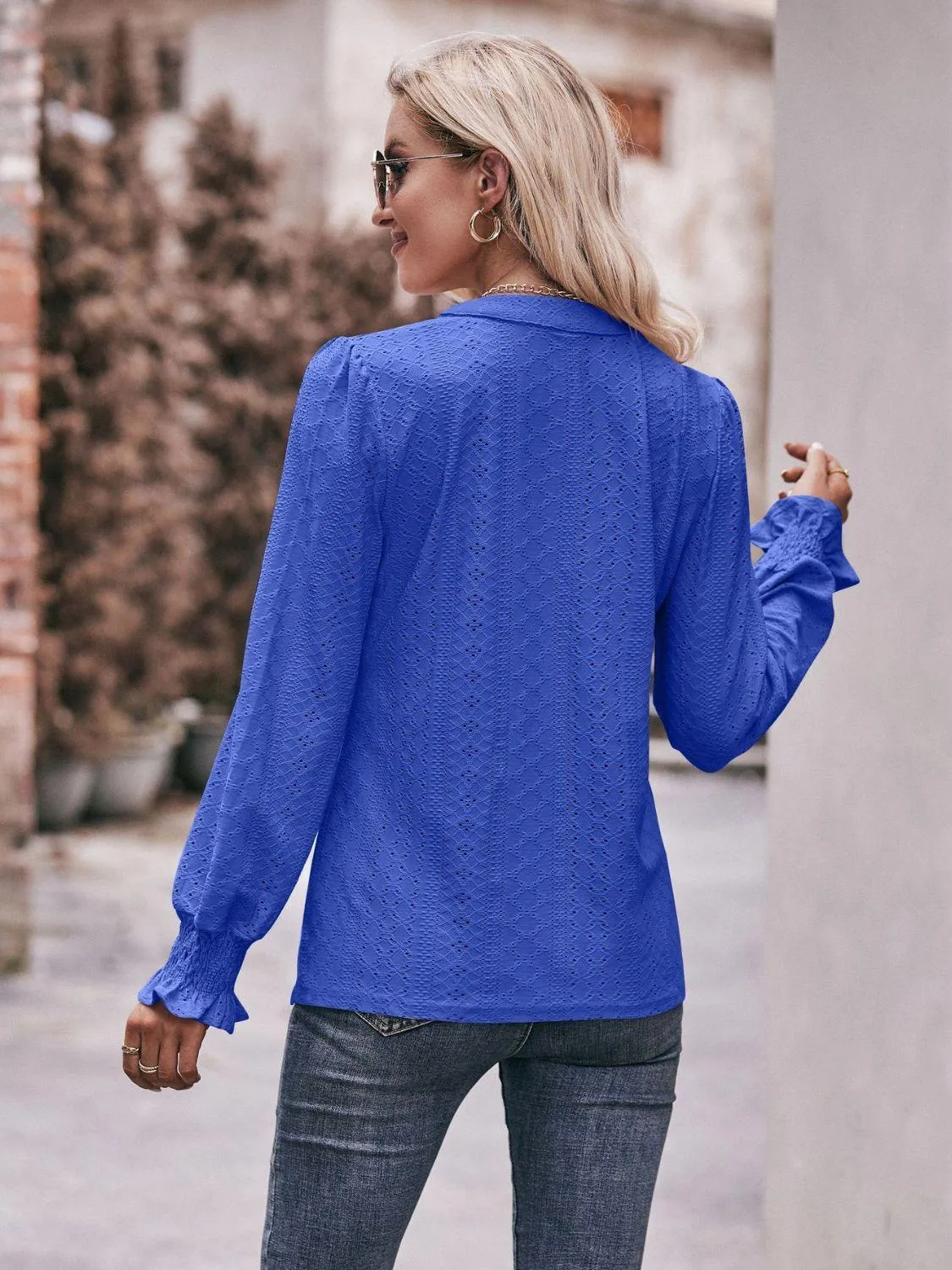 Fabulous Eyelet Notched Neck Long Sleeve Blouse