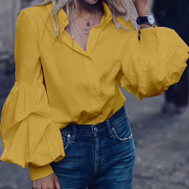 Fashion Shirts 2022 Autumn Elegant Puff Sleeve Women Blouse Buttons Casual Loose Solid Party Tops OL Long Sleeve Blusas