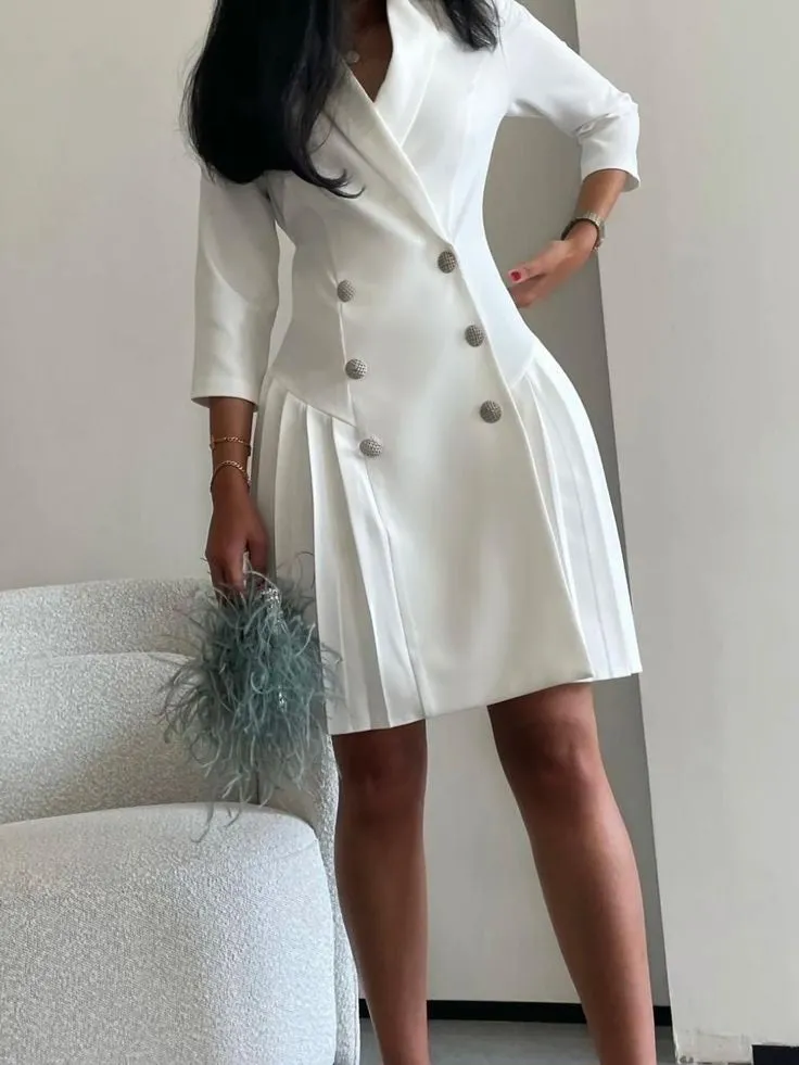 Flytonn- Double Breasted Pleated Hem Blazer Dress