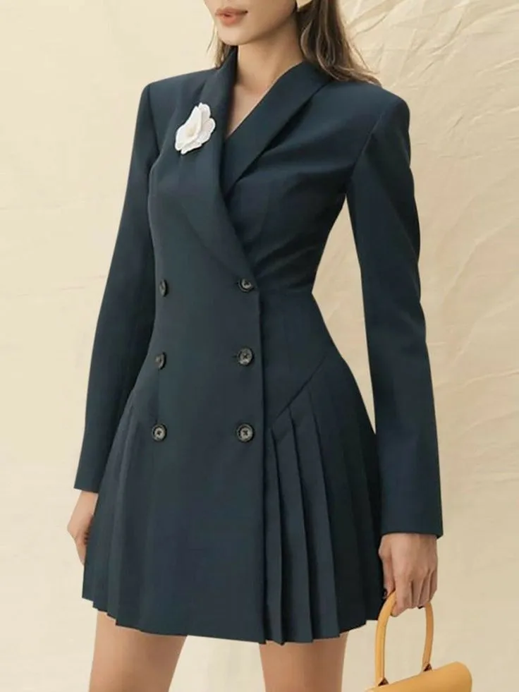 Flytonn- Double Breasted Pleated Hem Blazer Dress