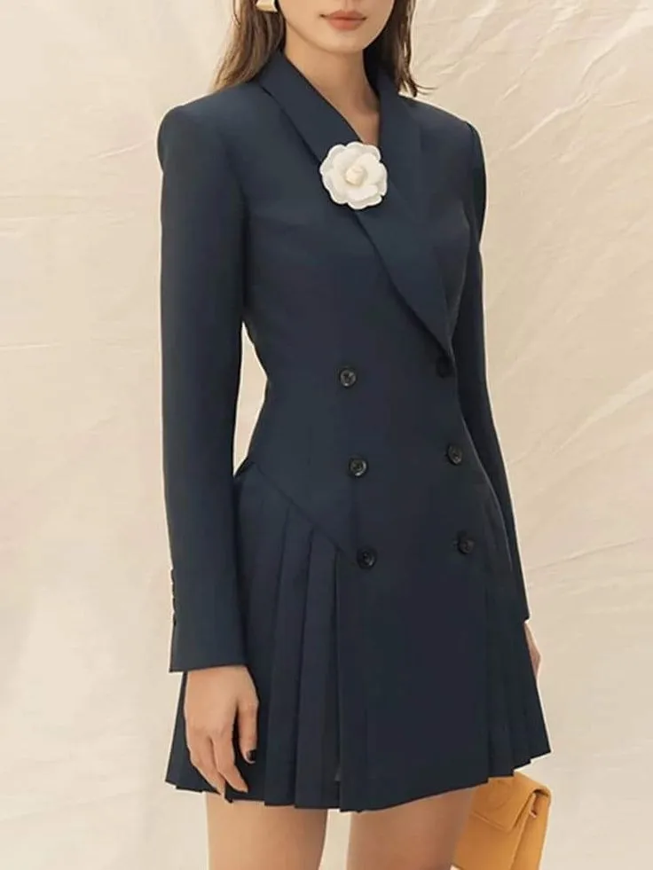 Flytonn- Double Breasted Pleated Hem Blazer Dress