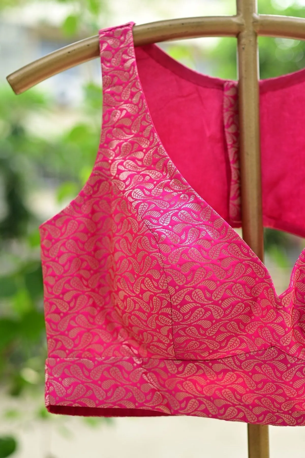 Fusia Pink Brocade Sleeveless Blouse with Curved V Neckline and Back Cutout