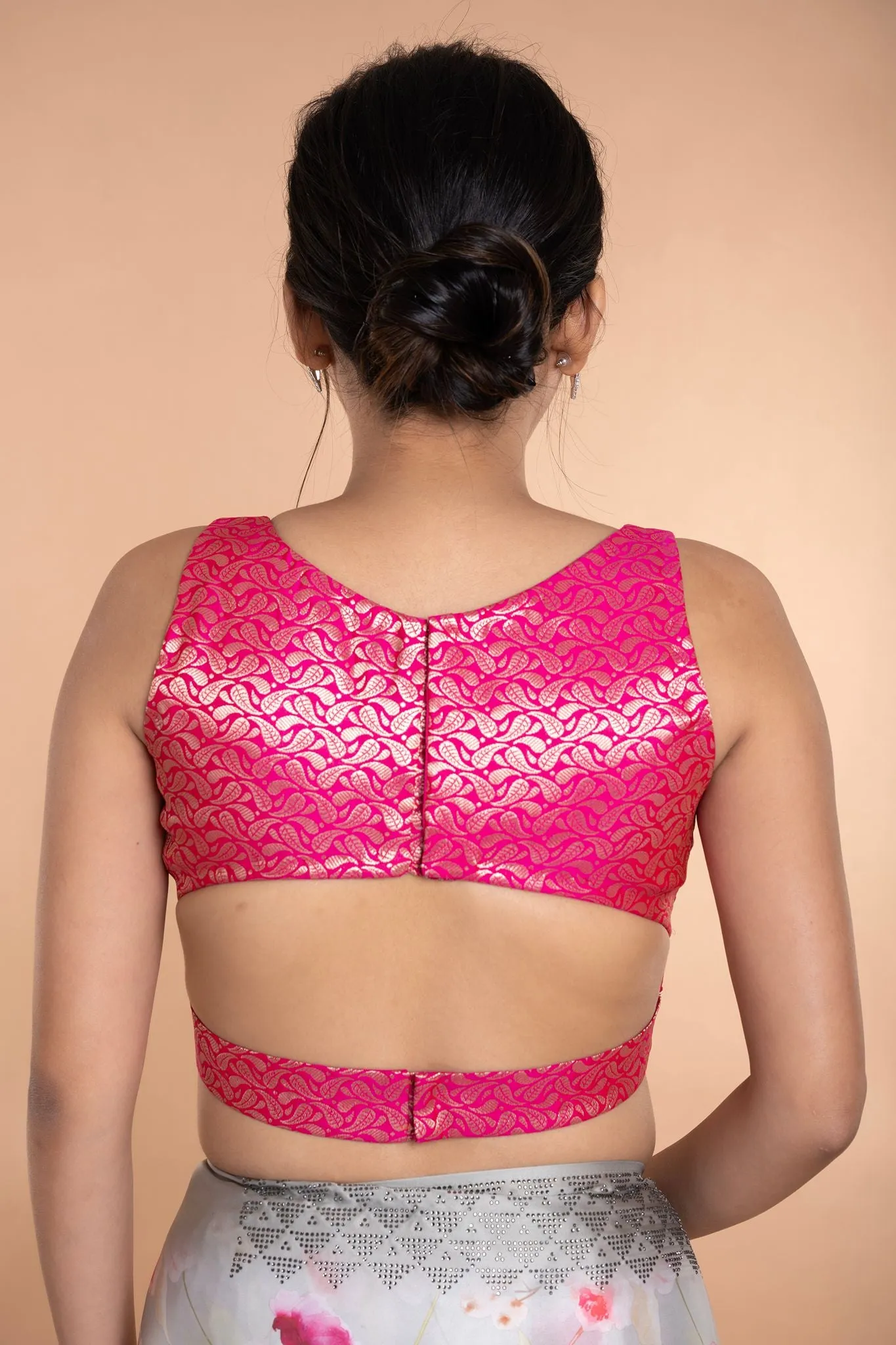 Fusia Pink Brocade Sleeveless Blouse with Curved V Neckline and Back Cutout