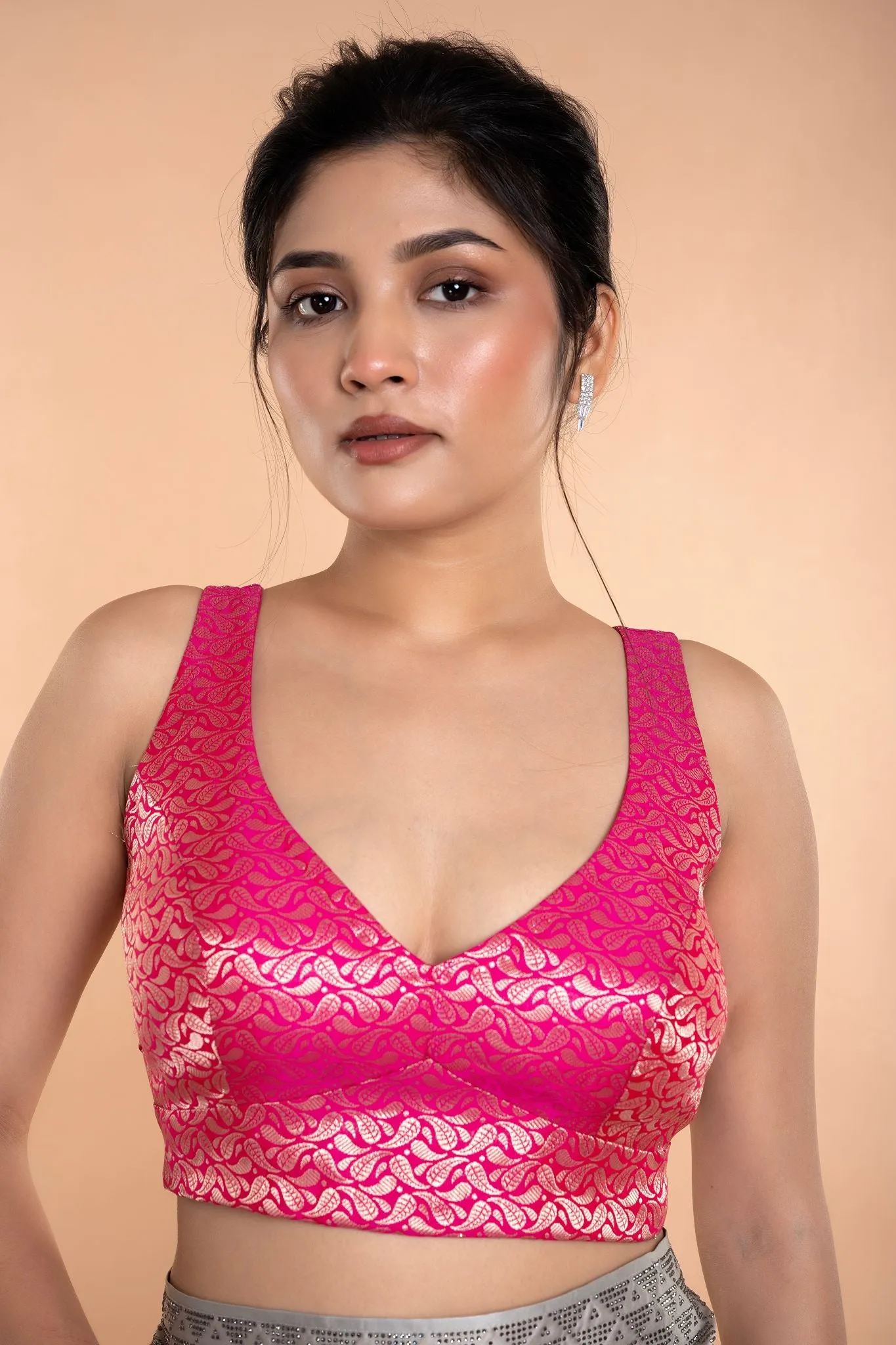 Fusia Pink Brocade Sleeveless Blouse with Curved V Neckline and Back Cutout