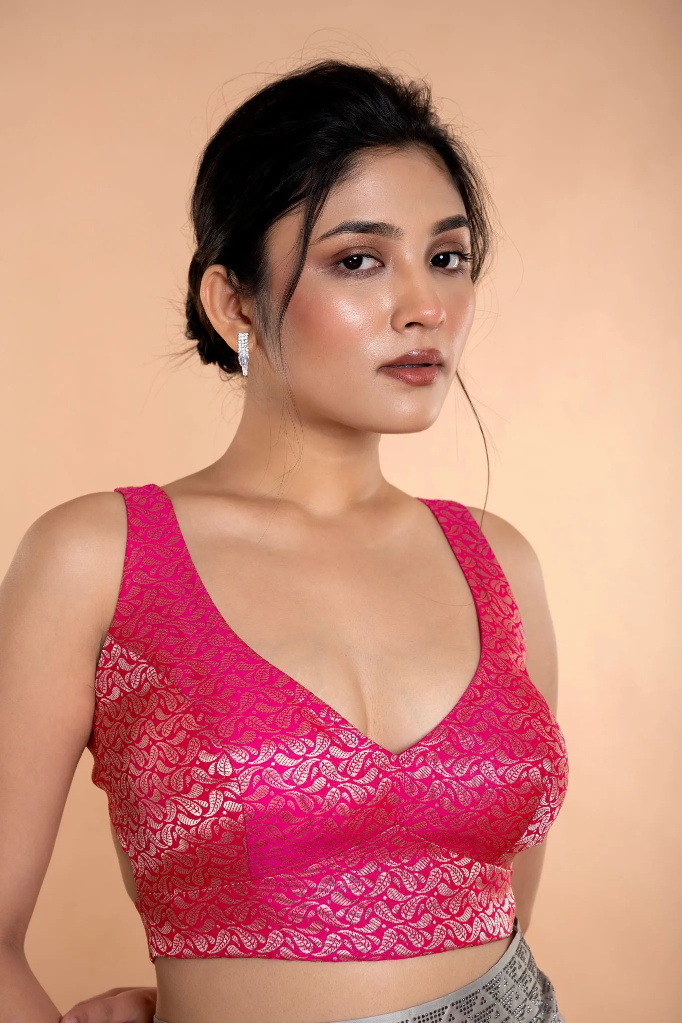 Fusia Pink Brocade Sleeveless Blouse with Curved V Neckline and Back Cutout