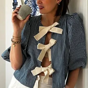 Girlary Women's Kawaii Blue Striped Bow Knot Tie-up Cropped Lantern Sleeves Peplum Shirts Elegant Round Neck Streetwear Tops