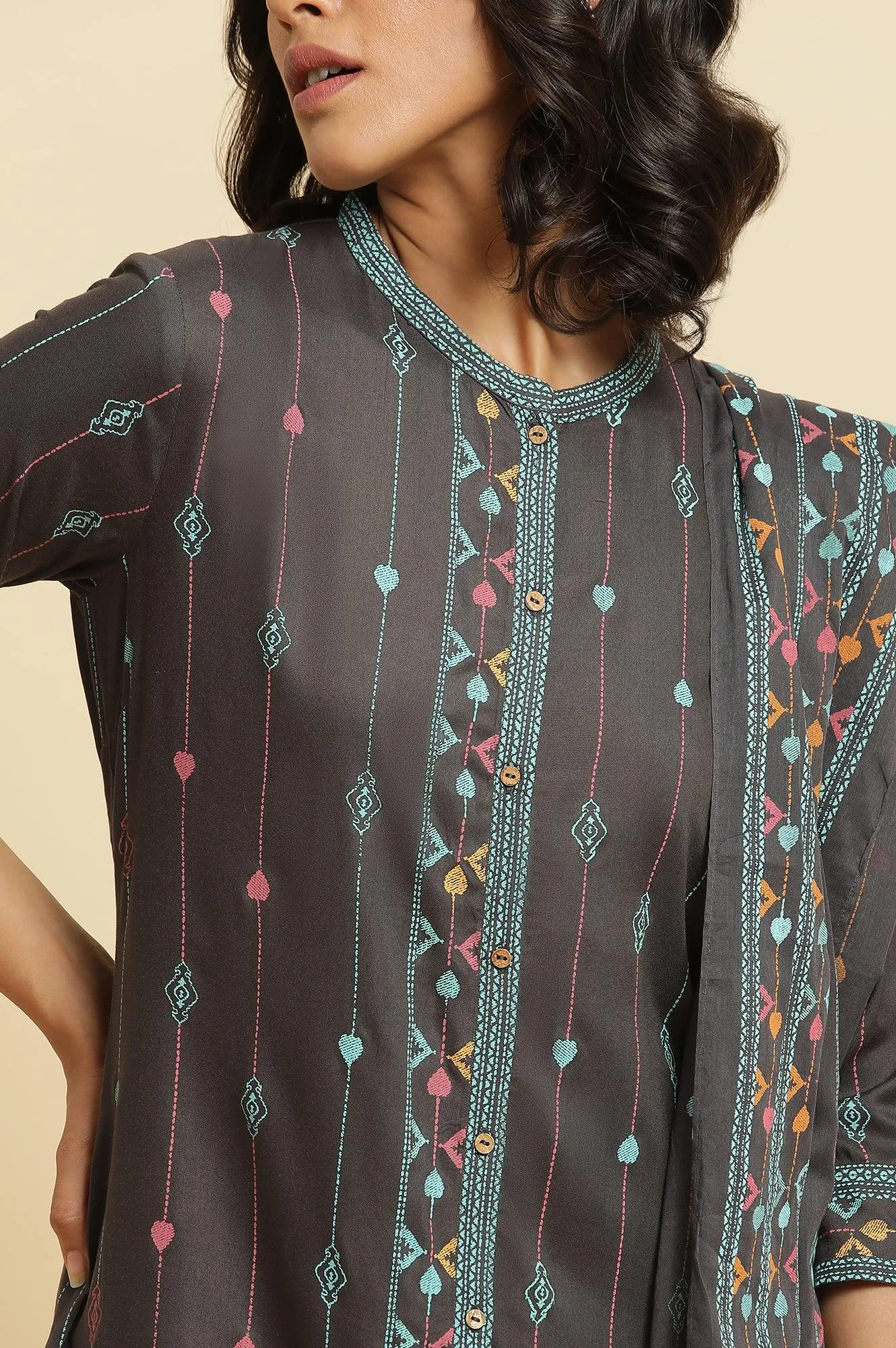 Grey Printed Kurta, Pants & Dupatta Set